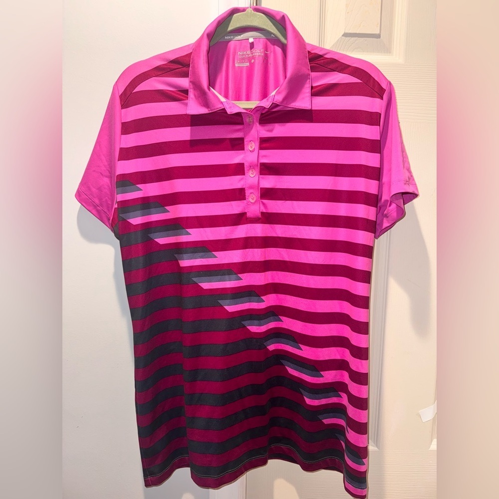 Nike Women's Pink and Black Striped Polo Shirt